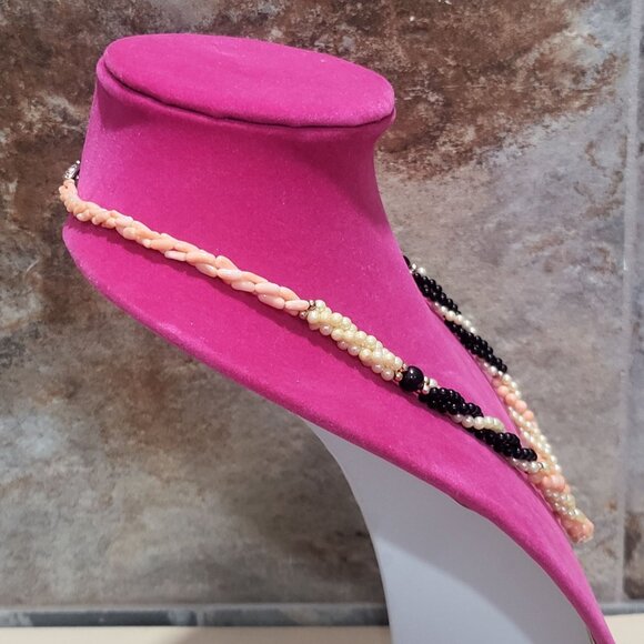 Multi Strand Beads Necklace Two Twisted Strands Pink Black White Beads - Picture 4 of 10